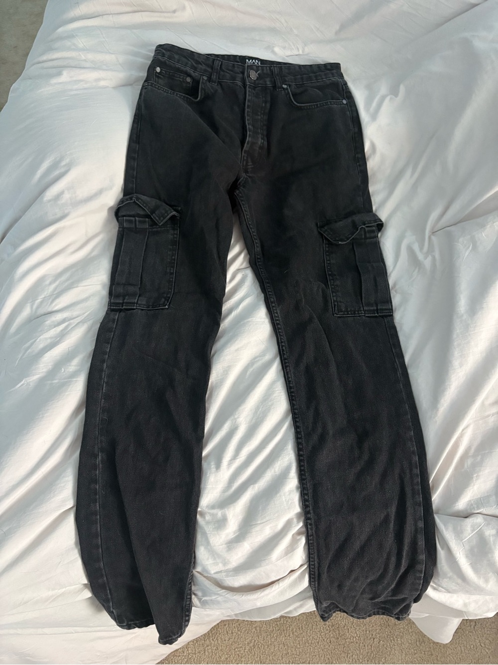 Boohoo Black Men's Cargo Pants with Pocket Flaps
